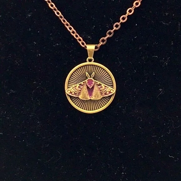 Brass Moth Pendant with Copper Chain 24" - Picture 1 of 12